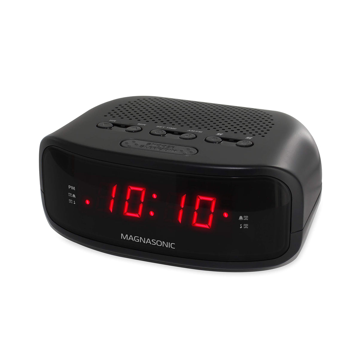 Magnasonic digital clock radio on bedside table with front display and controls for quick viewing and tuning