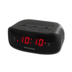 Magnasonic digital clock radio on bedside table with front display and controls for quick viewing and tuning