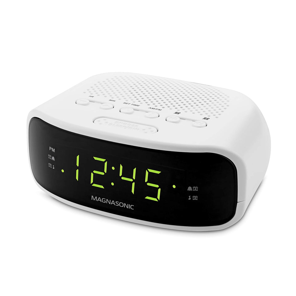 Magnasonic digital clock radio front view with clear display and easy operation.