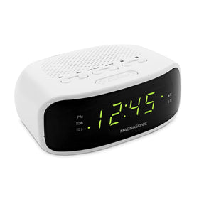 Magnasonic green LED display on clock radio with adjustable brightness.