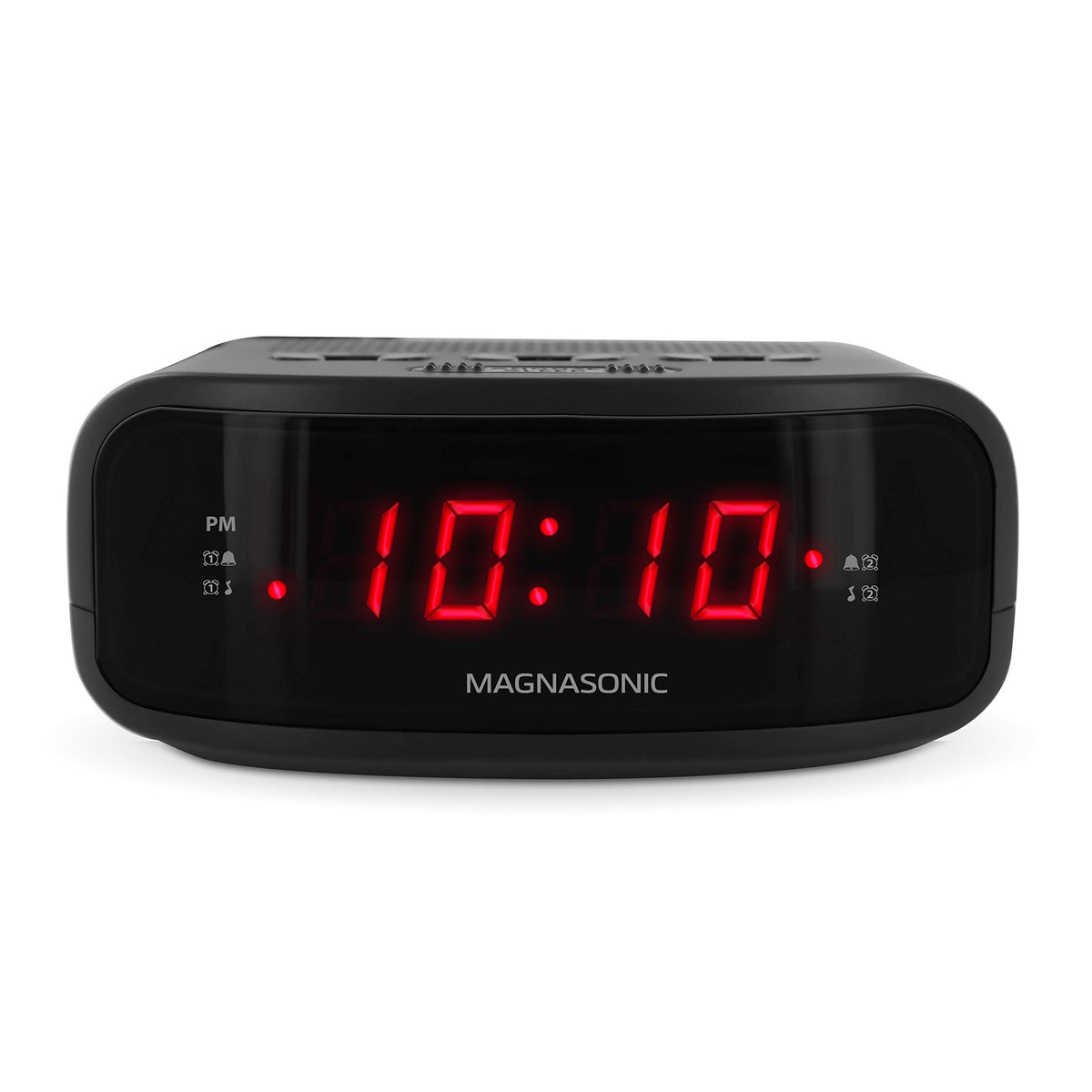 Compact Magnasonic clock radio positioned on a nightstand for easy reach