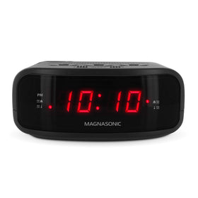 Compact Magnasonic clock radio positioned on a nightstand for easy reach