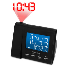 Magnasonic front display showing dimmable blue LCD and clear time readout benefit: easy bedside visibility