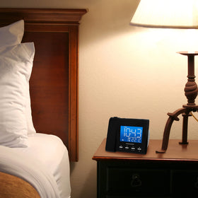 Magnasonic closeup showing indoor temperature readout on LCD benefit: quick room climate check