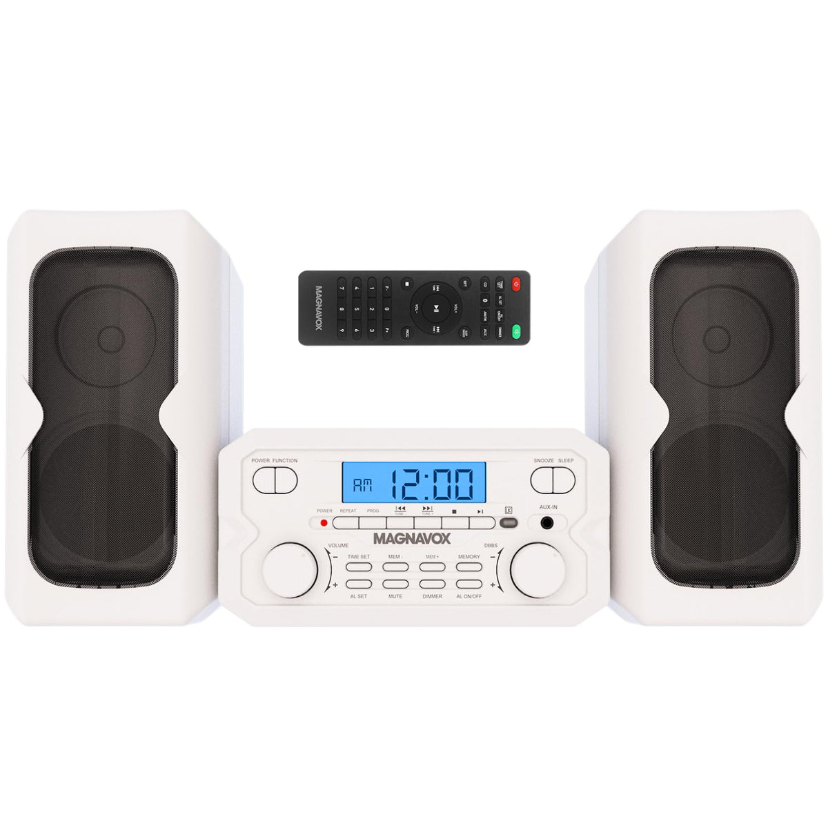 Magnavox 3-piece compact shelf system front view in silver, ideal for small living spaces.