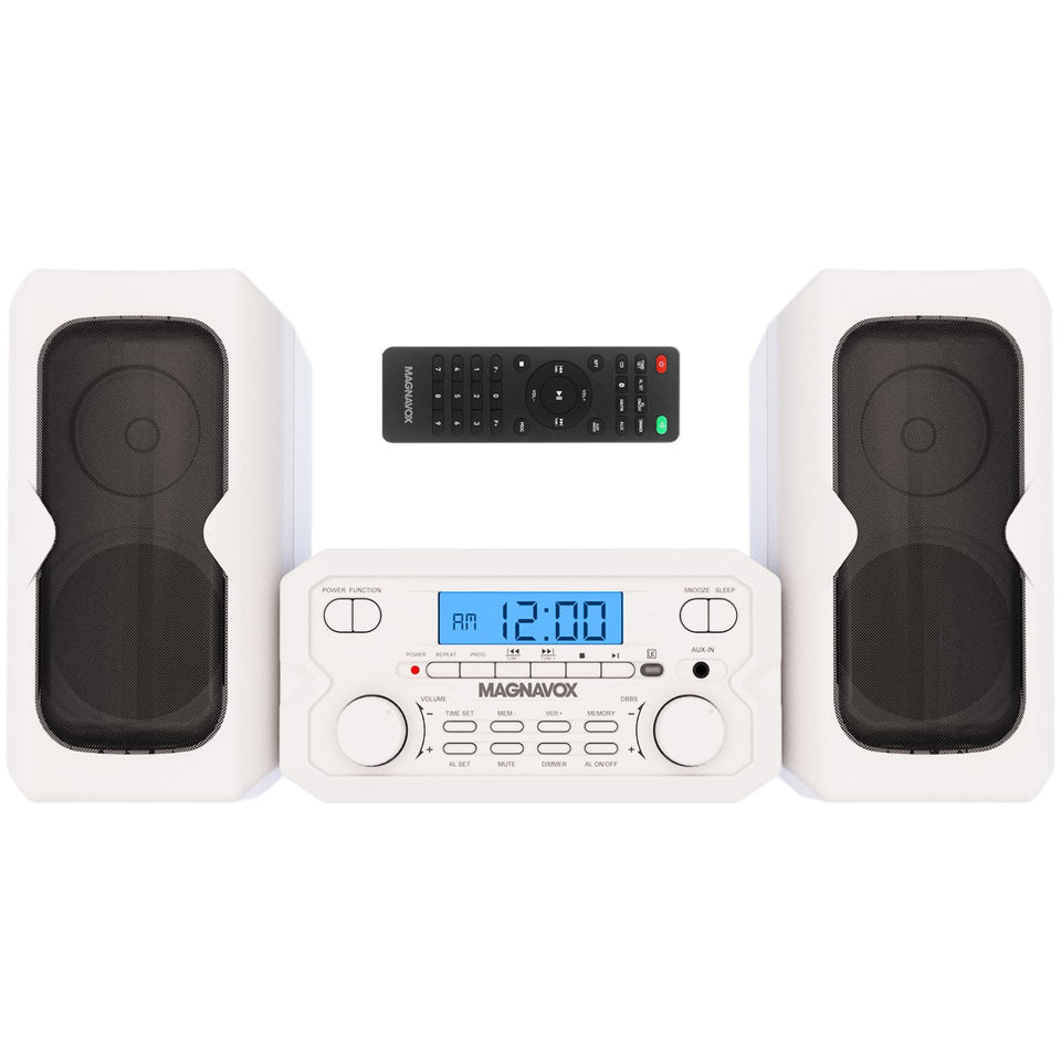 Magnavox 3-piece compact shelf system front view in silver, ideal for small living spaces.