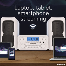 Magnavox system on a desk or shelf with silver finish.