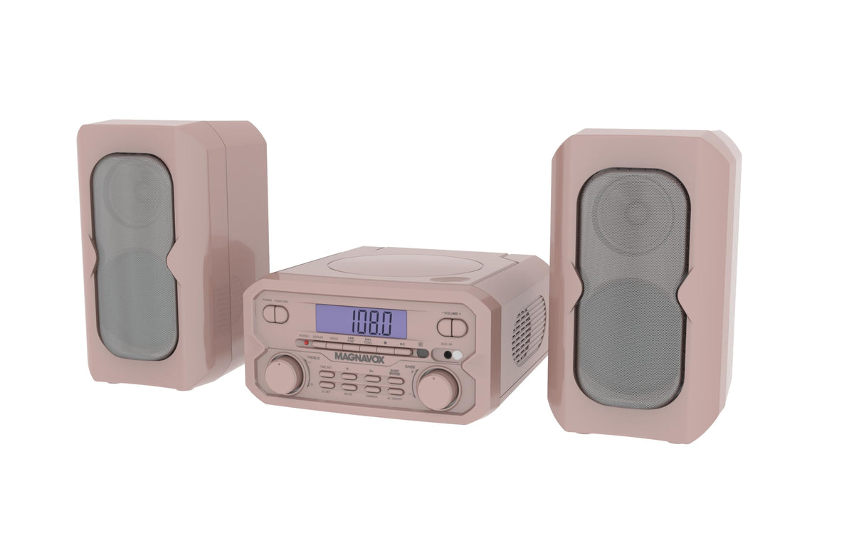 Magnavox 3-piece system left side view in silver, compact design saves counter space