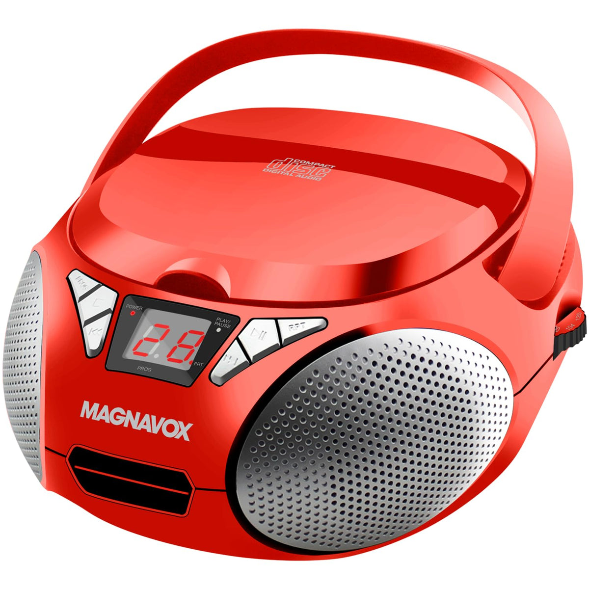 Magnavox boombox front view showing speakers and sleek design for versatile listening