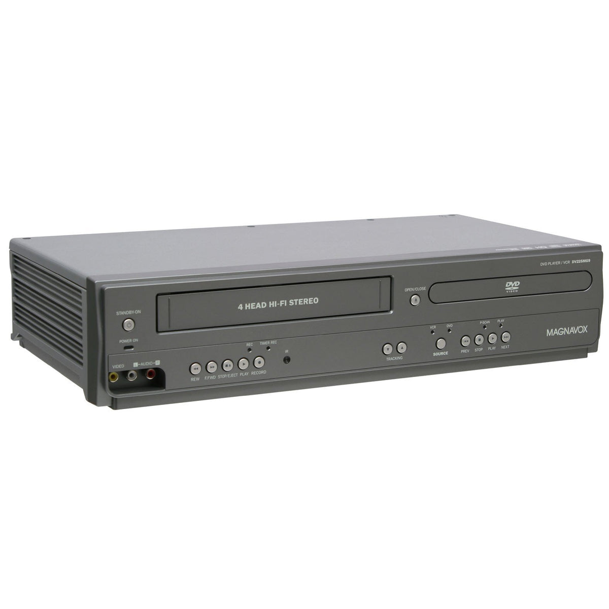 Magnavox DV225MG9 four-head VCR controls visible for reliable recording.
