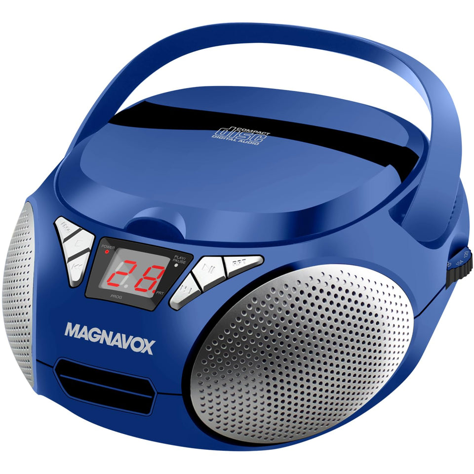 Magnavox front view in blue showing compact boombox and speakers for versatile playback
