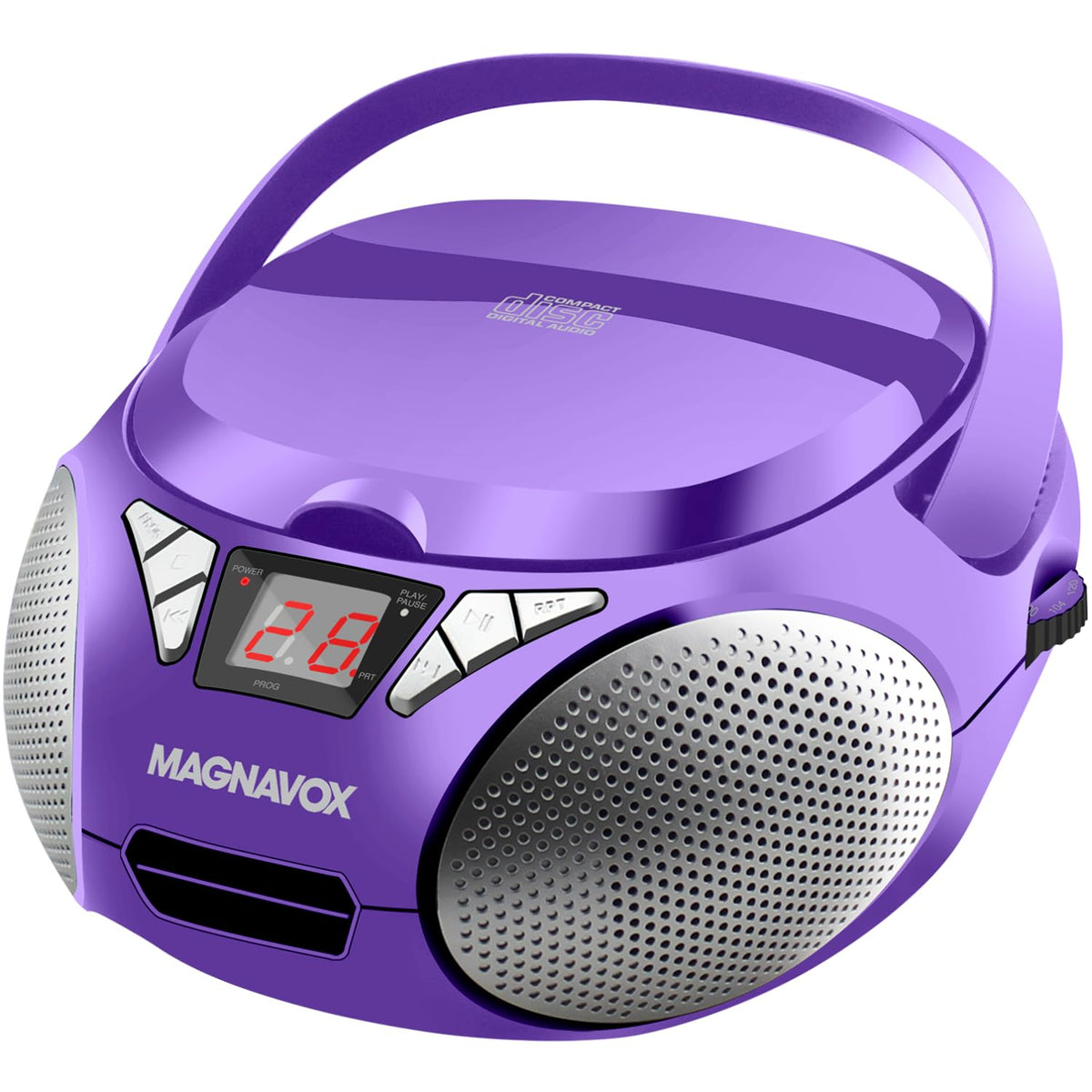 Magnavox front view purple boombox showing compact design and easy transport
