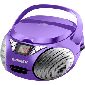Magnavox front view purple boombox showing compact design and easy transport