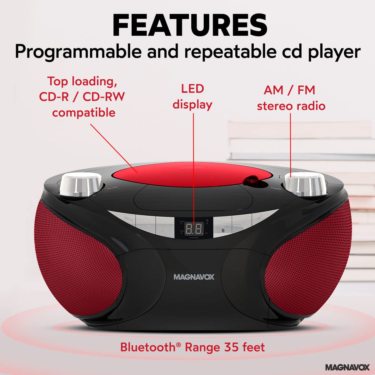 Magnavox MD6949 LED display and controls offering clear track and tuning feedback
