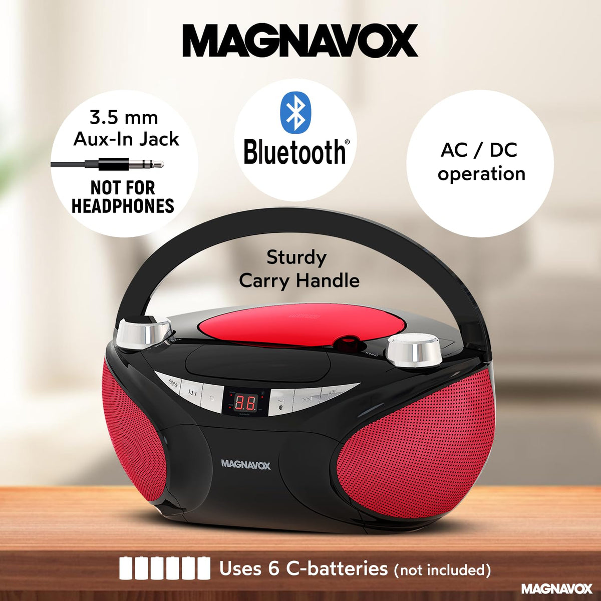 Magnavox MD6949 side profile highlighting speaker grille and balanced stereo output