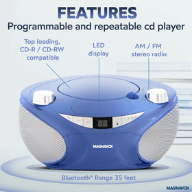 Magnavox top-loading CD lid open showing easy disc insertion and convenience