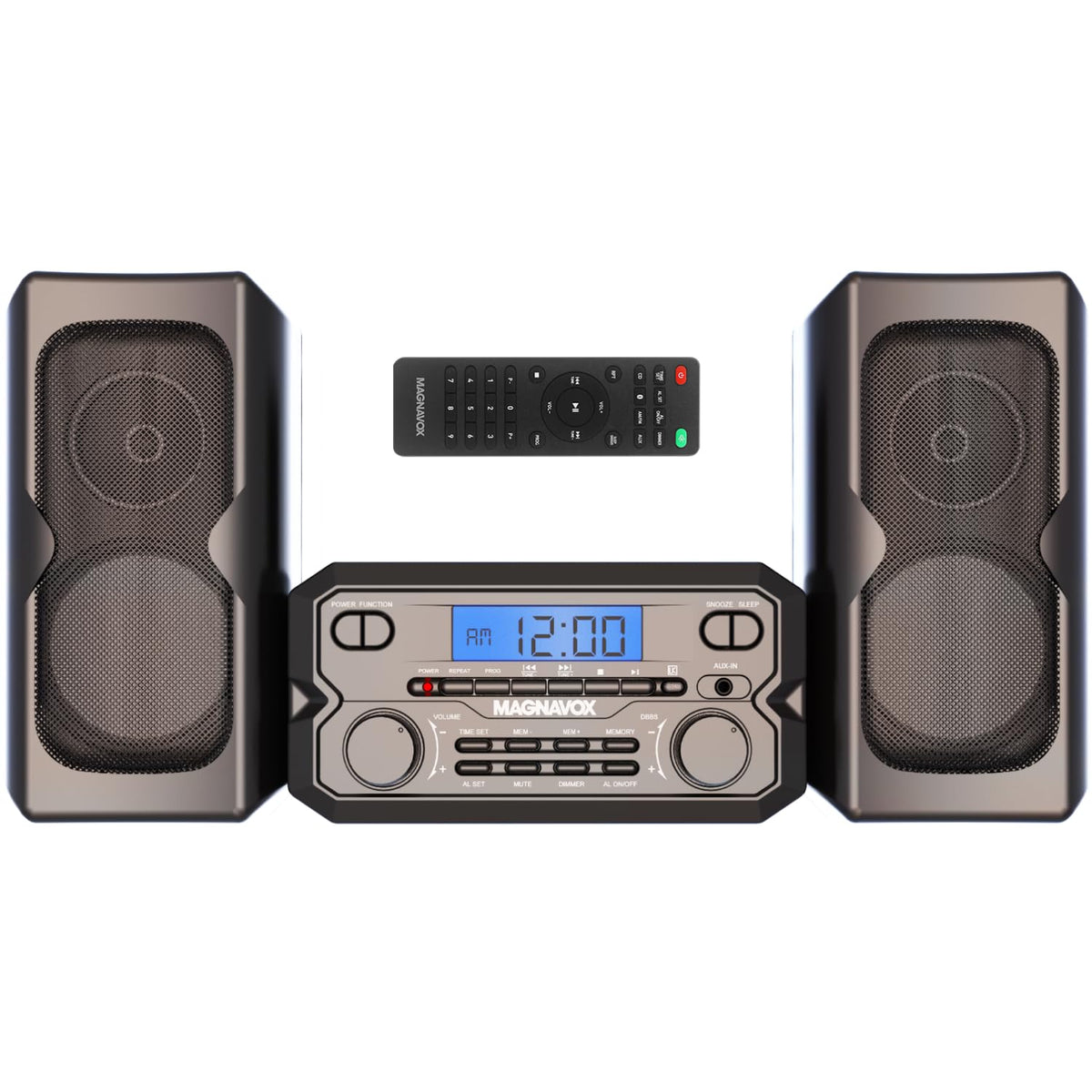 Magnavox compact system front view showing sleek black design and stereo benefit