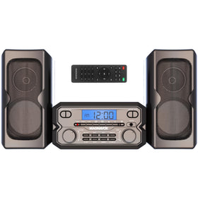 Magnavox compact system front view showing sleek black design and stereo benefit