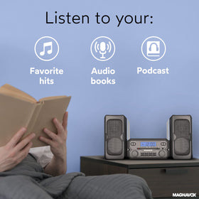 Magnavox system in bedroom demonstrating space-saving placement and listening comfort