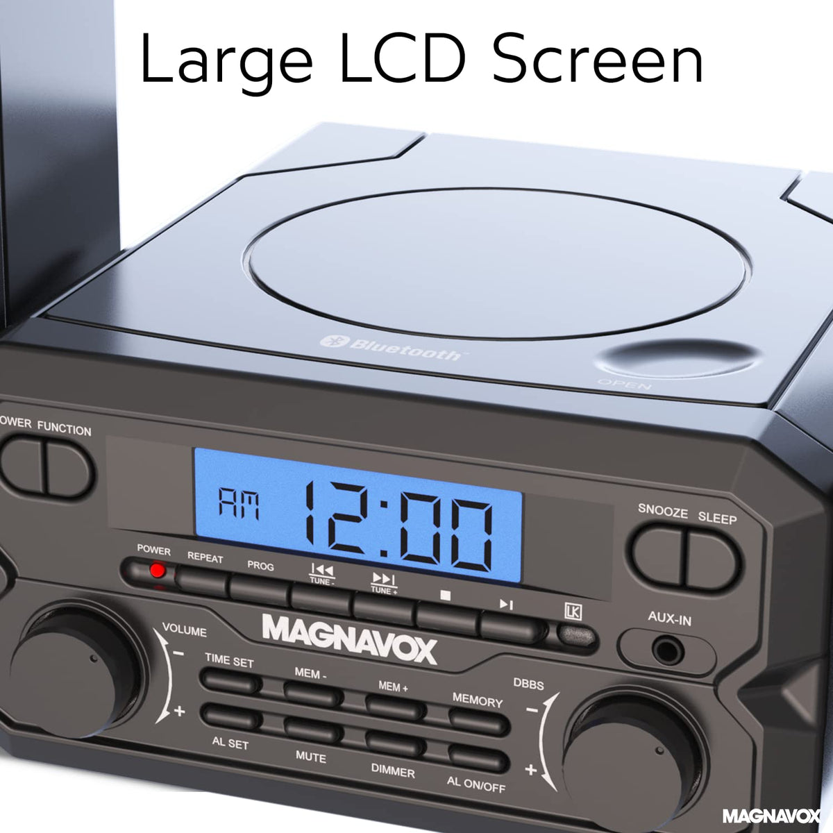 Magnavox clear LCD display close-up for readable track and radio information