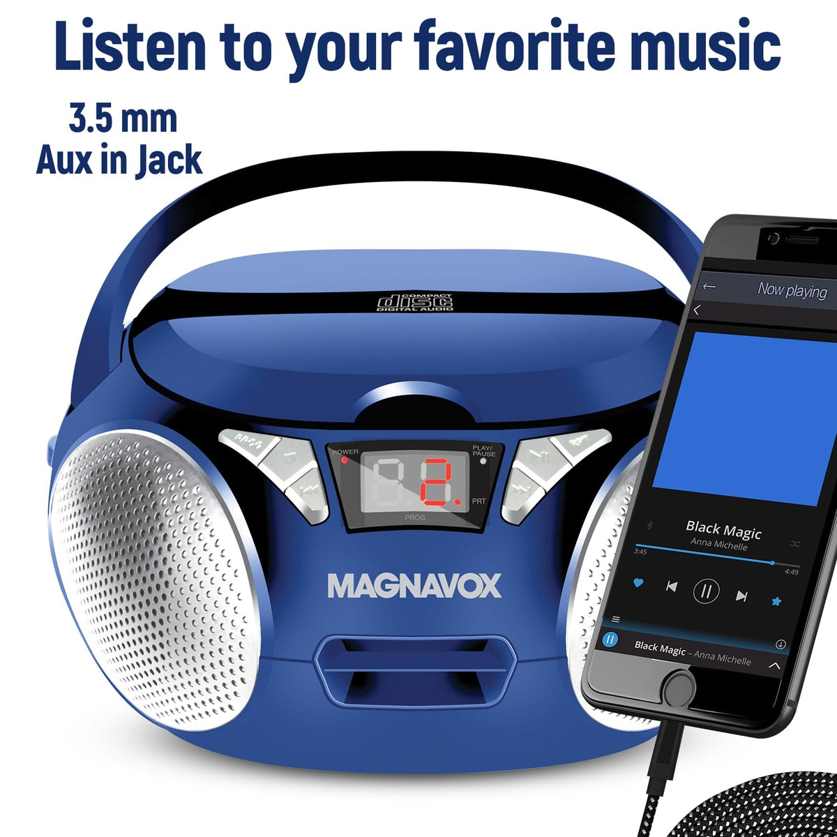 Magnavox boombox held by hand to show size and portability for on-the-go use