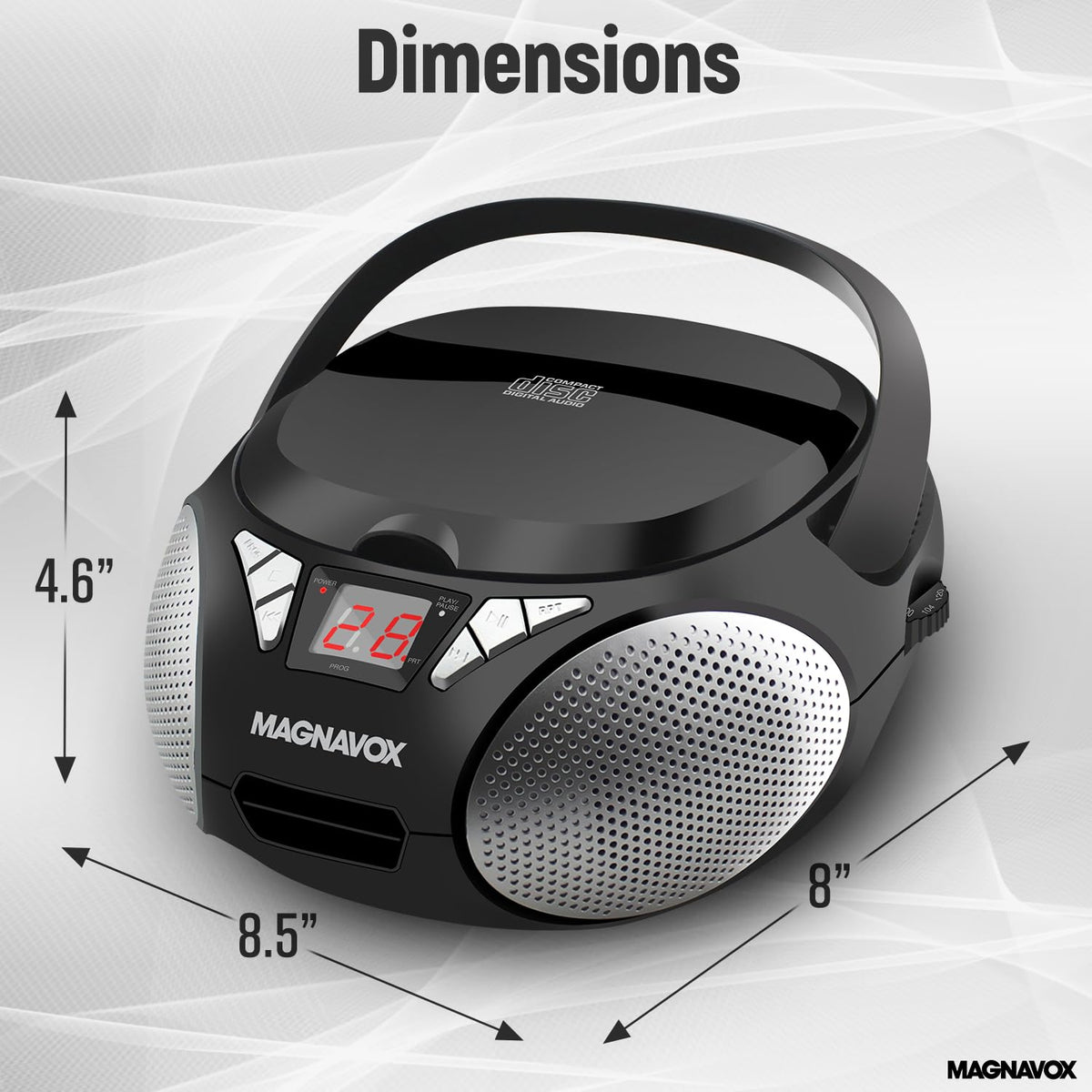 Magnavox side profile with top CD tray open demonstrating simple disc loading