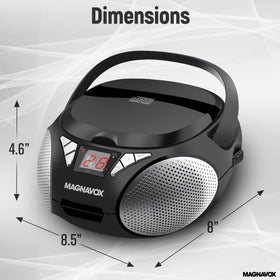 Magnavox side profile with top CD tray open demonstrating simple disc loading