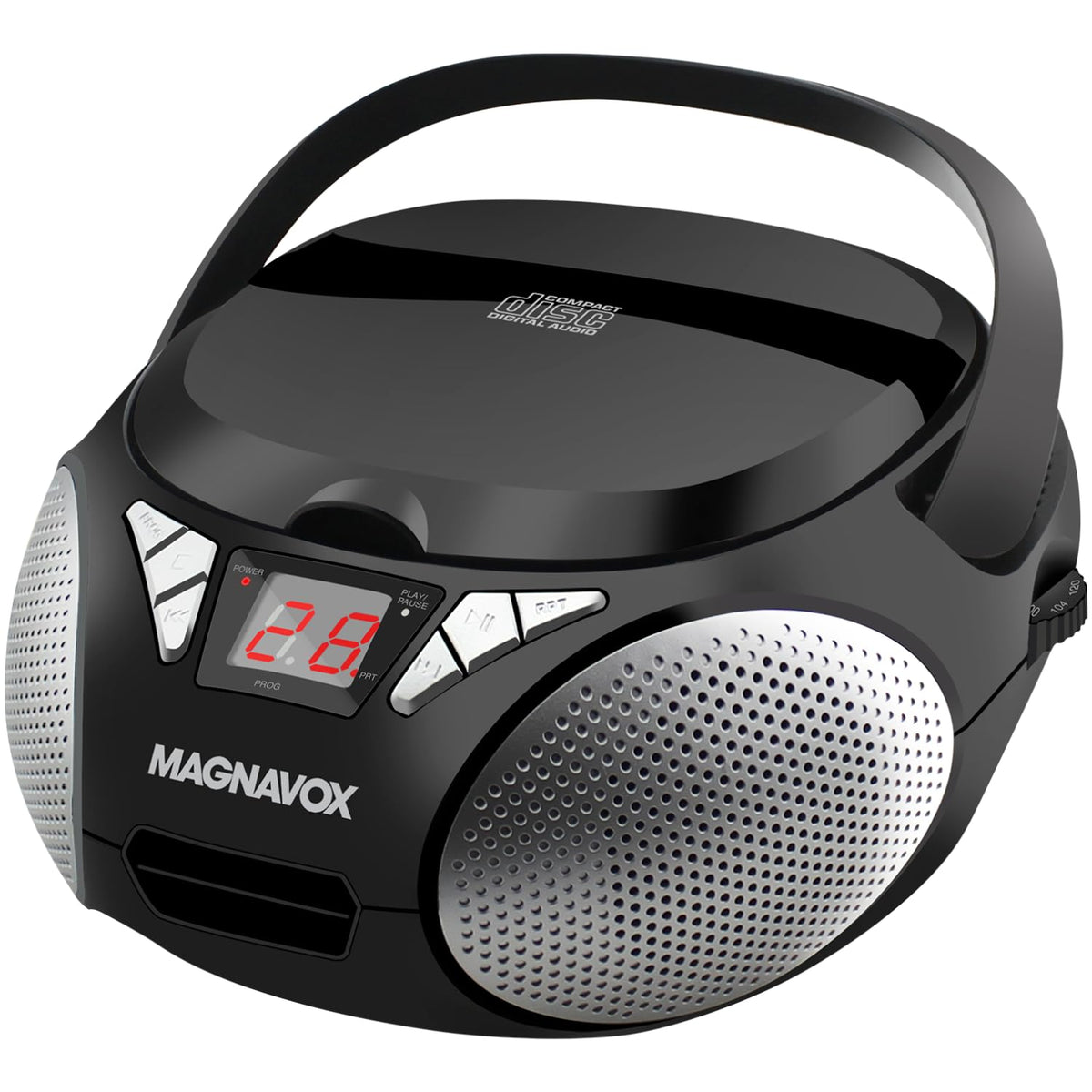Magnavox front view showing compact top-loading CD boombox and clear LED display for easy use