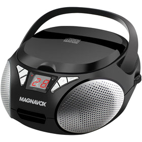 Magnavox front view showing compact top-loading CD boombox and clear LED display for easy use
