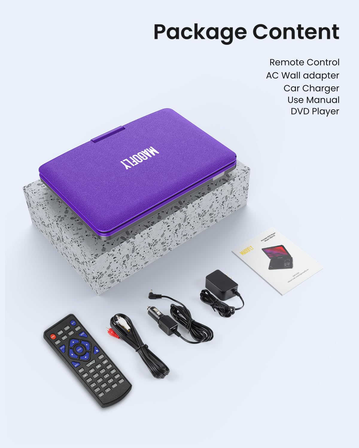 magofly box contents laid out showing player adapters and cable benefits