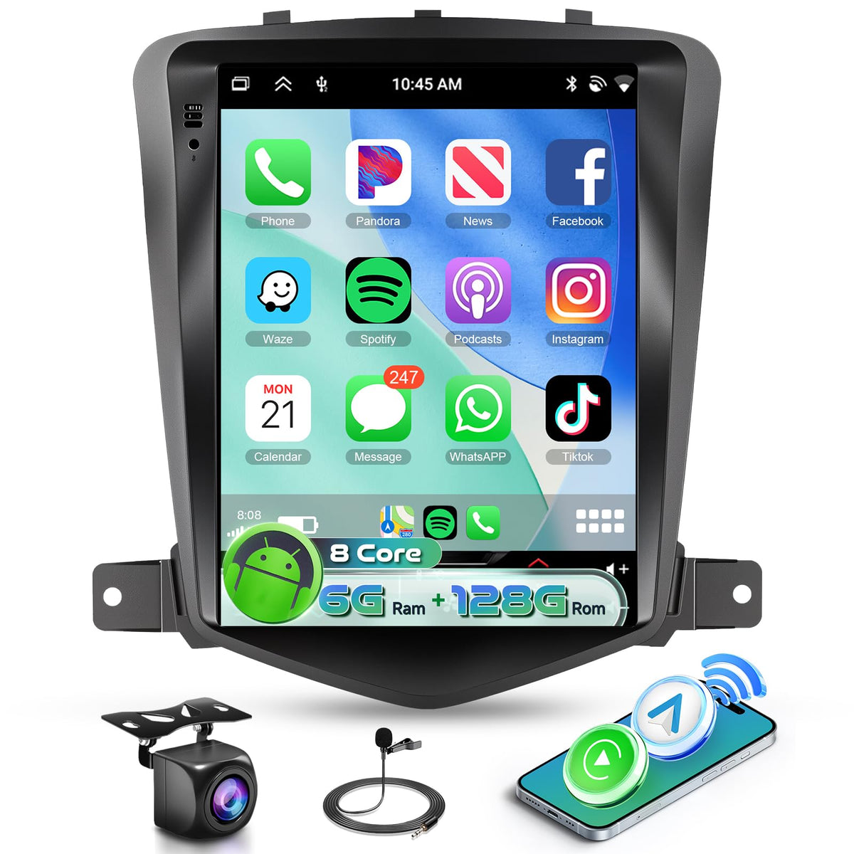 MAHVEC 8Core car stereo front view in a Chevy Cruze cockpit for easy navigation