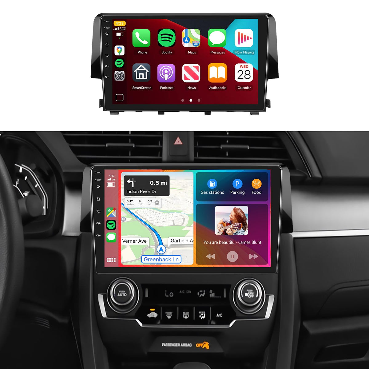 MAHVEC 8Core Android stereo for Honda Civic 2016-2020 showing fitment and screen