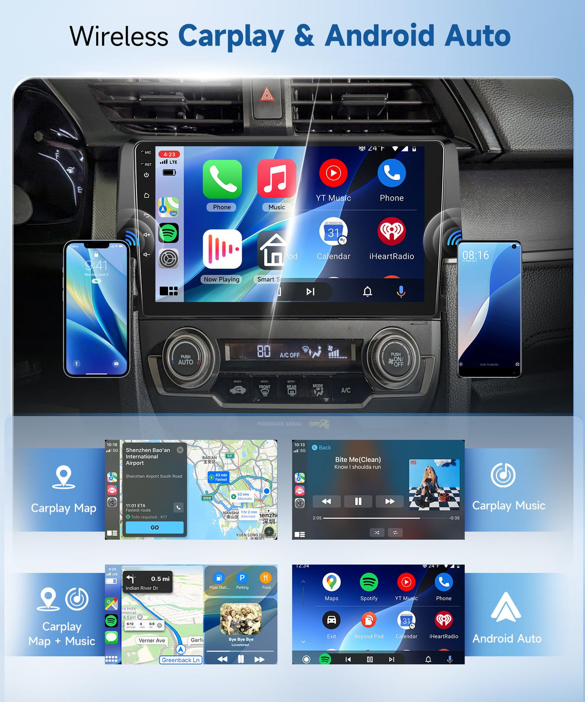 MAHVEC Wireless CarPlay and Android Auto for hands-free connectivity.