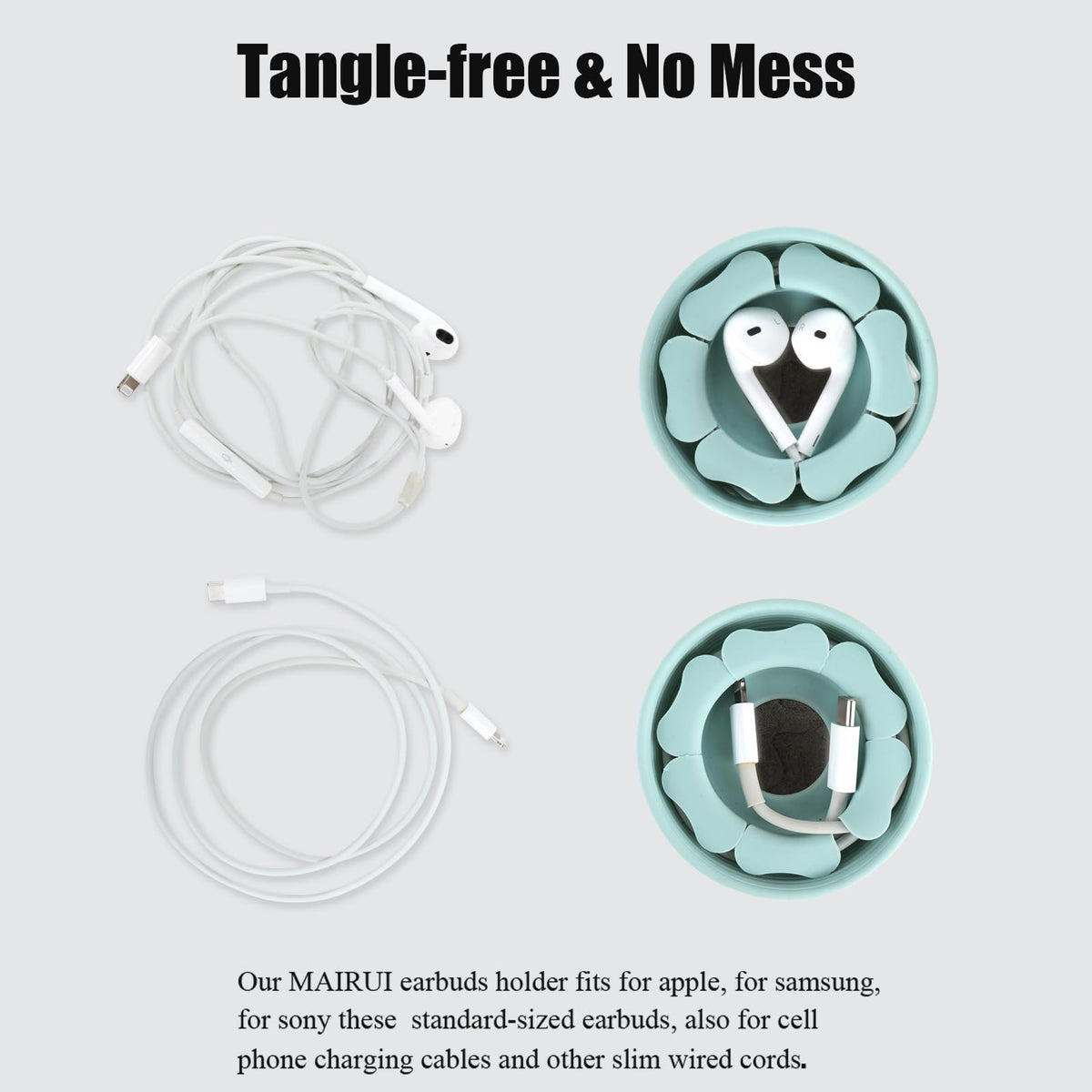 MAIRUI in-use with earbuds wrapped demonstrating tangle-free portability benefit