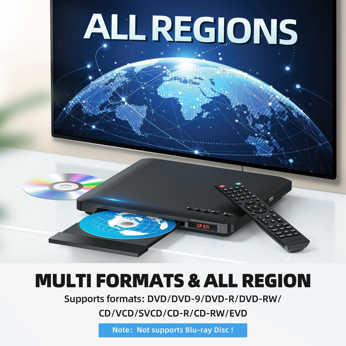 MAITE DVD Player HDMI output delivers vivid HD visuals on a TV screen.