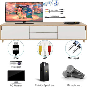 Maite HDMI and AV cables included for quick setup.