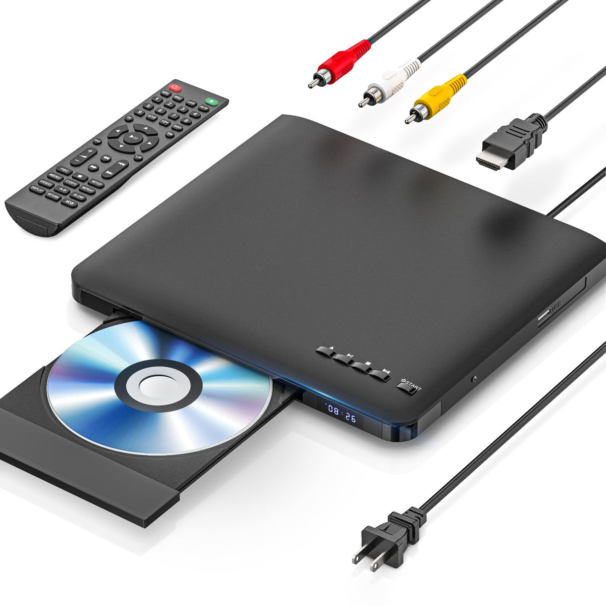 MAITE Ultra Slim DVD Player front view showing compact design for easy placement.