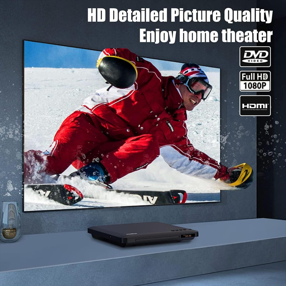 MAITE Ultra Slim DVD Player thin profile highlights modern aesthetics for small spaces.