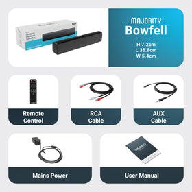 Majority Bowfell box with remote, cables and manual showing easy setup and warranty