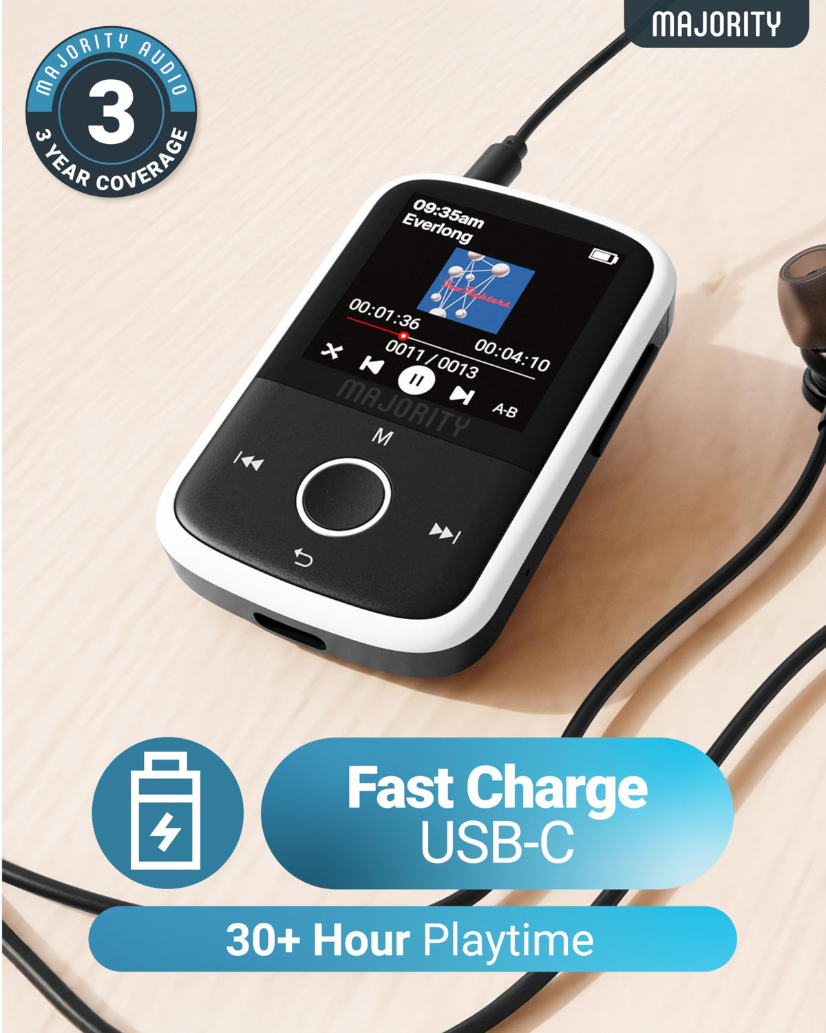 Majority MP3 GO clipped to workout shirt, secure sports clip for active use
