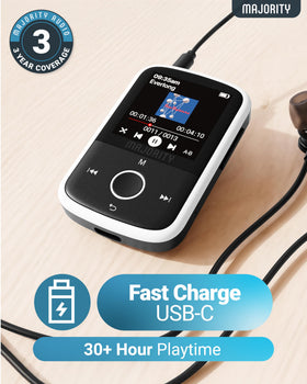 Majority MP3 GO clipped to workout shirt, secure sports clip for active use