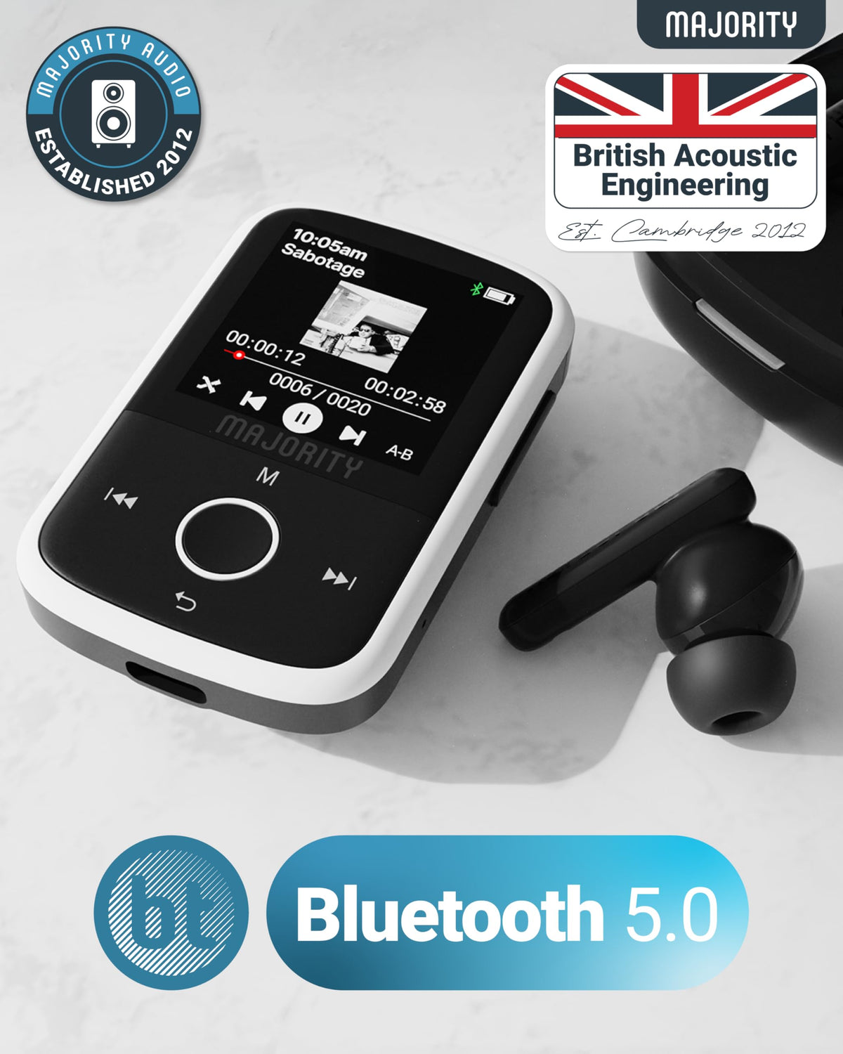 Majority MP3 GO paired with included earbuds, instant listening out of the box