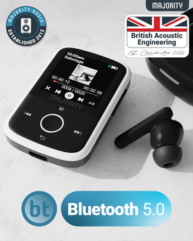 Majority MP3 GO paired with included earbuds, instant listening out of the box