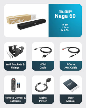 Majority Naga 60 in use beside TV demonstrating richer movie sound