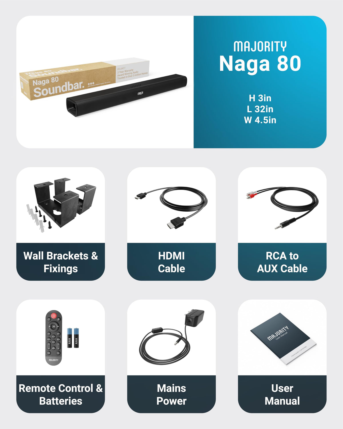 Majority Naga 80 next to ruler showing compact 31.8-inch scale for fitting TVs