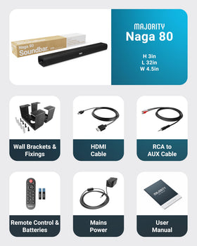 Majority Naga 80 next to ruler showing compact 31.8-inch scale for fitting TVs