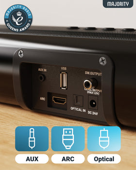 Majority Naga 80 mounted under TV in living room for space-saving improved audio