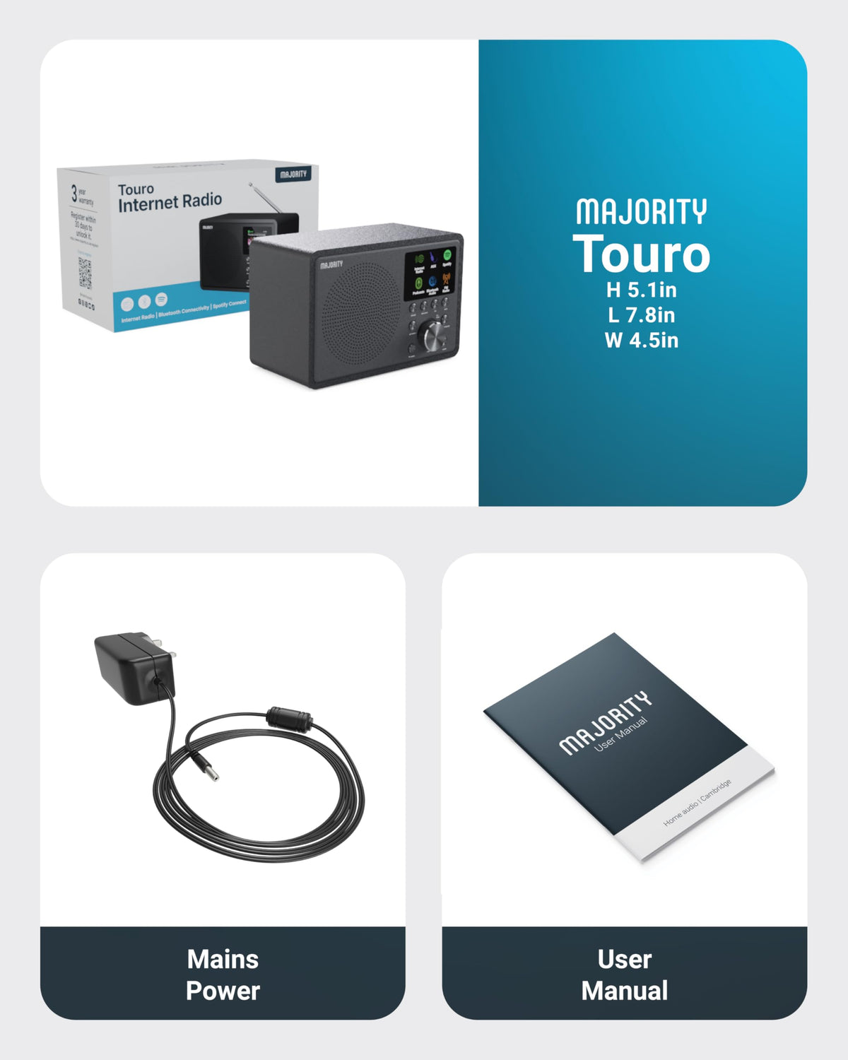 Majority Touro internet radio box-content shows included items and quick-start guide