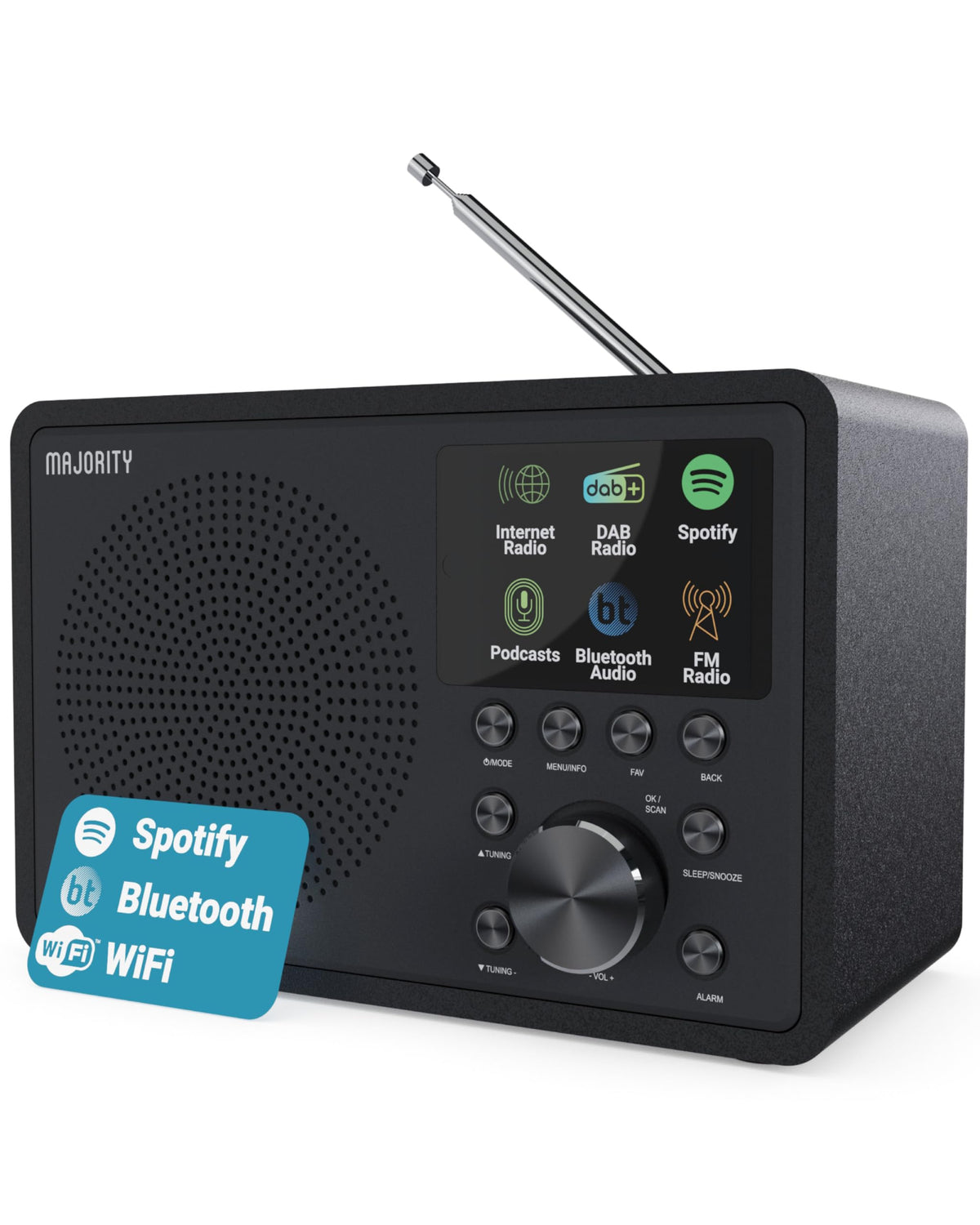 Majority Touro internet radio front panel with Spotify Connect and WiFi controls
