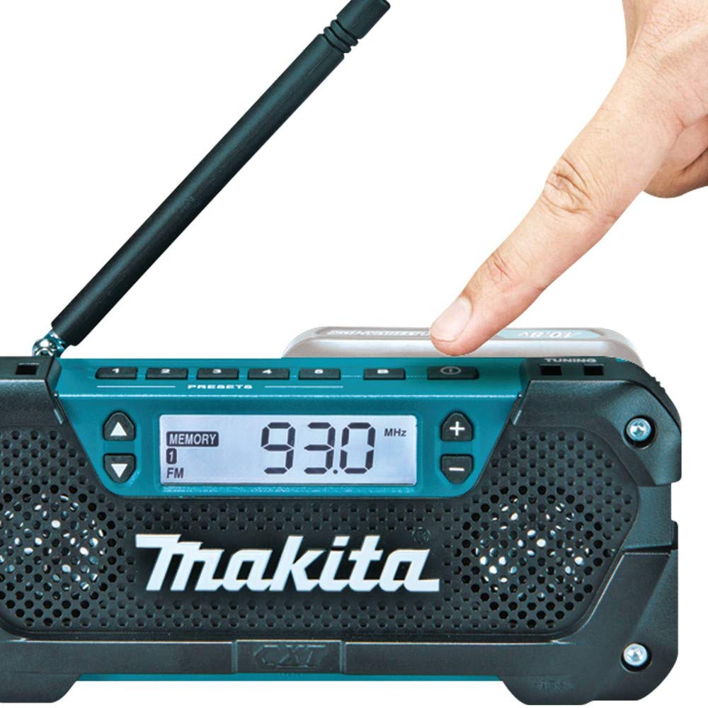Makita RM02 earphone jack allows private listening in noisy spaces.